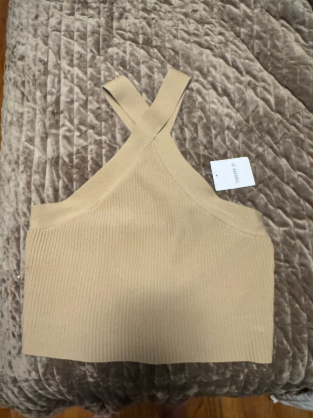 Tan Cross-Front Ribbed Crop Halter Top - Picture 3 of 3